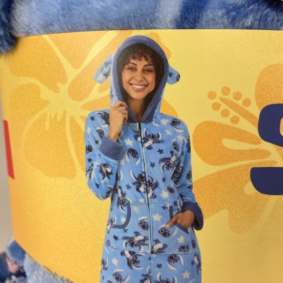 Disney Stitch One Piece Pajama Women’s Medium Blue Plush Hooded Onesie NWT - Picture 2 of 6